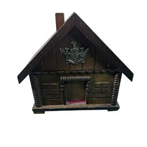 Vintage Wood Cottage House Trinket Jewelry Storage Box Shield Crest MCM